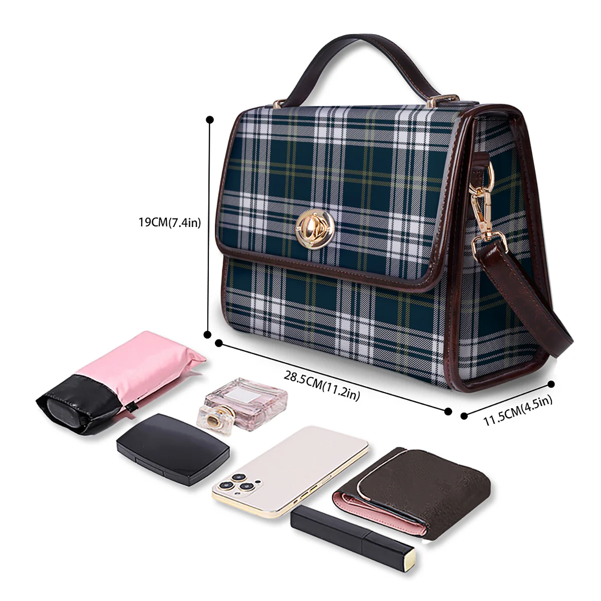 Navy White And Green Plaid Print Pattern Women's Satchel Bag - Image 4