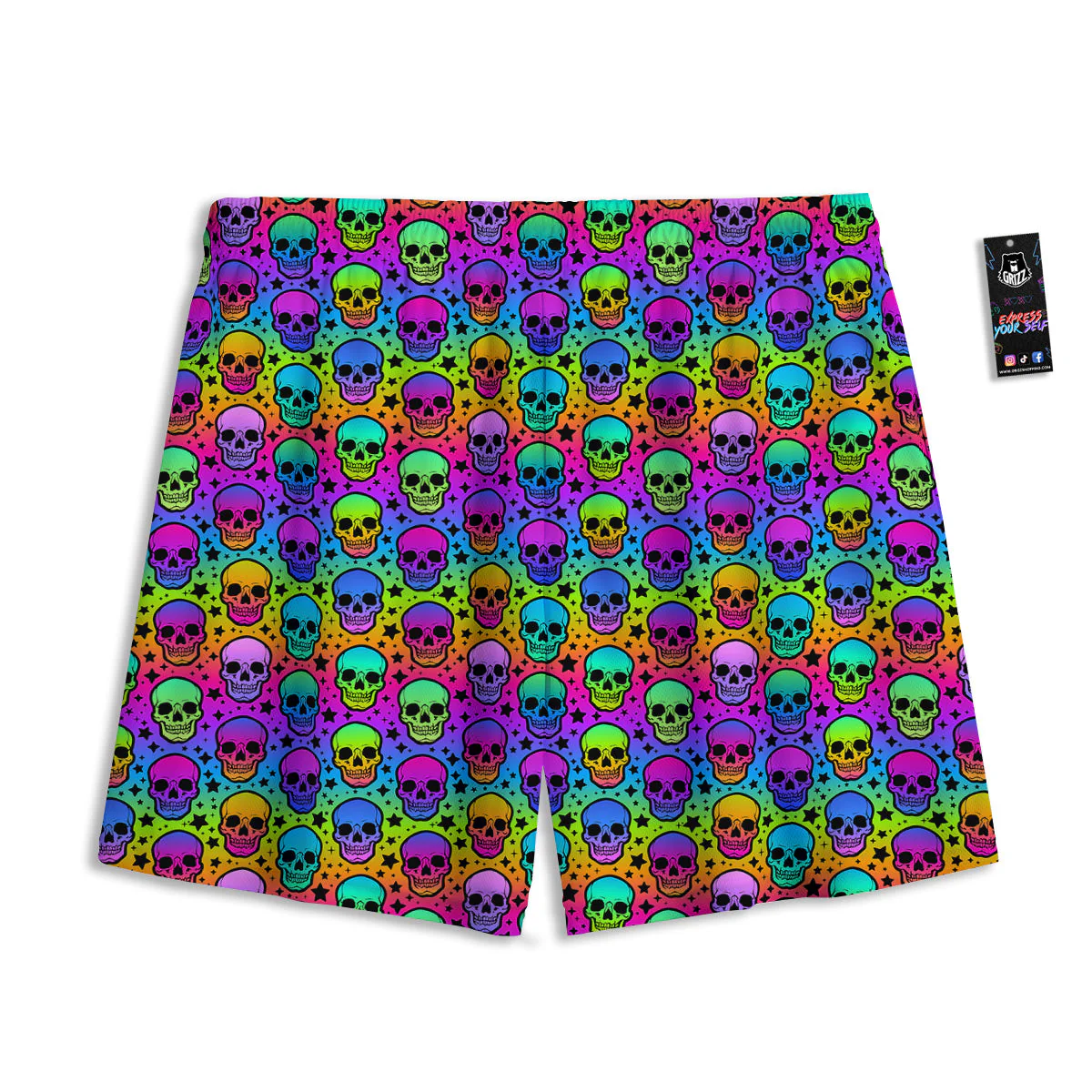Neon Bright Human Skulls Print Pattern Mesh Shorts - Image 2