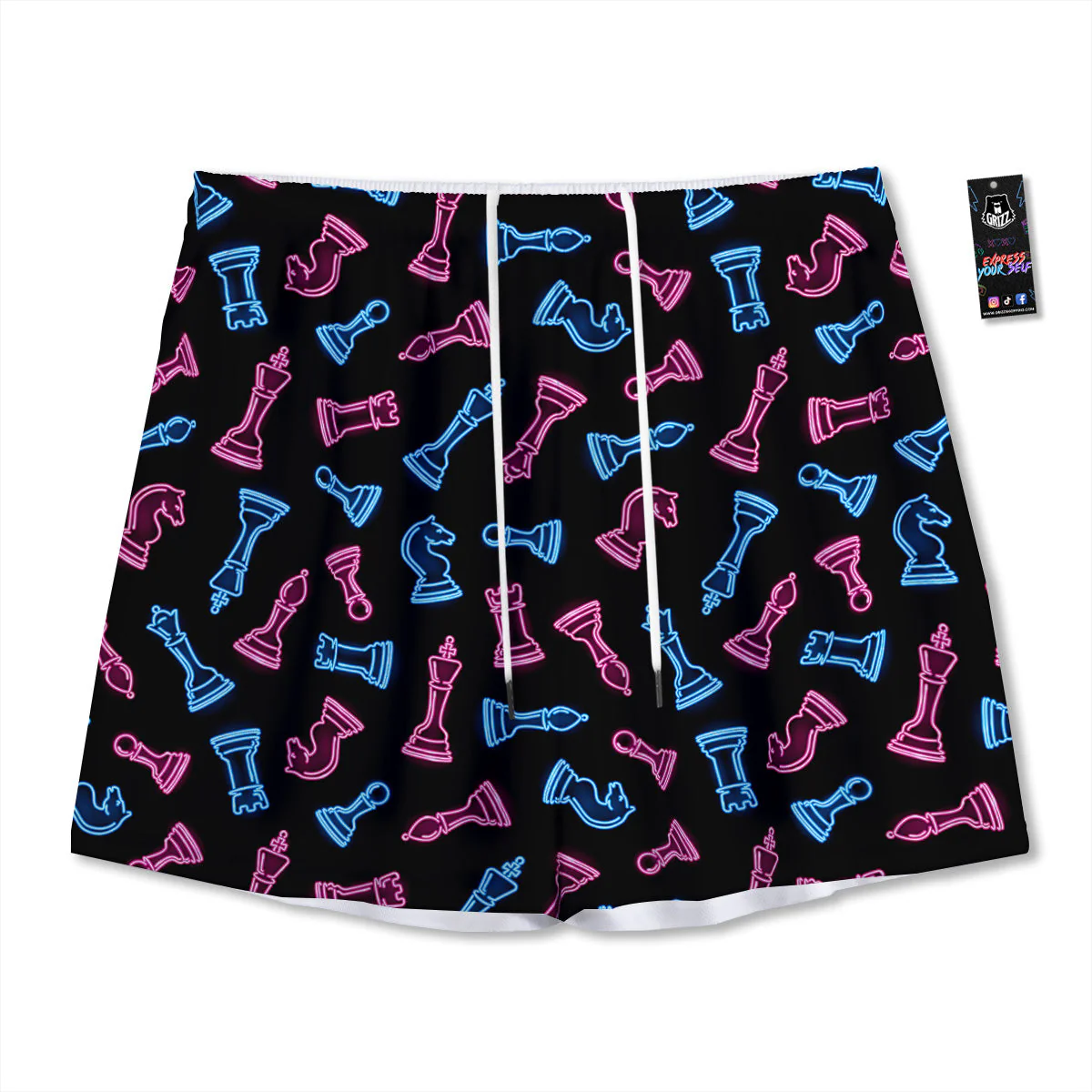 Neon Chess Pieces Print Pattern Mesh Shorts