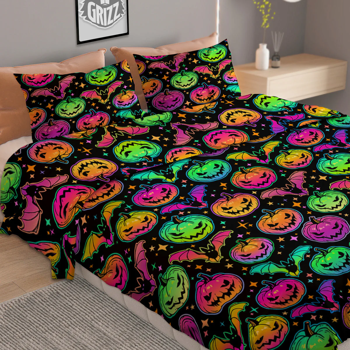 Neon Pumpkins And Bat Halloween Print Pattern Duvet Cover Bedding Set - Image 2