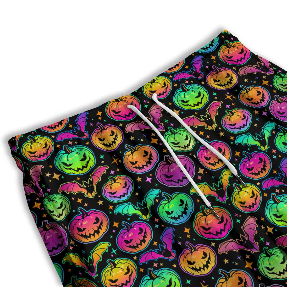 Neon Pumpkins And Bat Halloween Print Pattern Men's Athletic Shorts - Image 3
