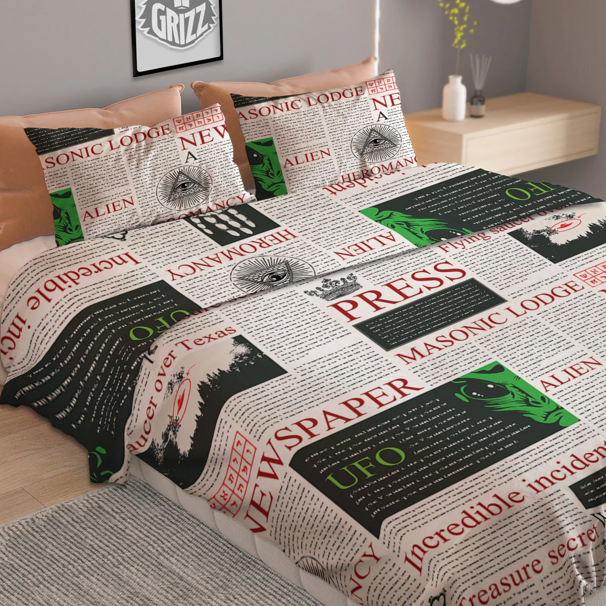 Newspaper Aliens Topic Print Pattern Duvet Cover Bedding Set - Image 2