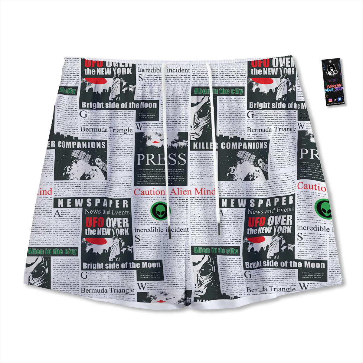Newspaper Headlines Alien Print Pattern Mesh Shorts