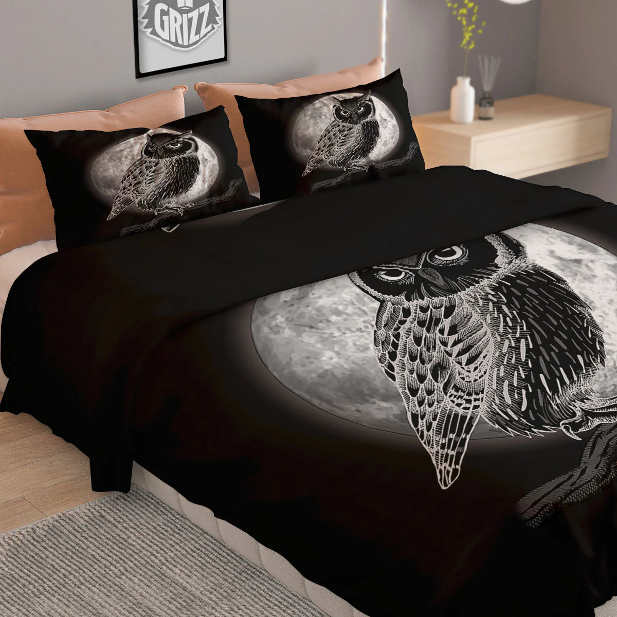Night Owl Full Moon Print Duvet Cover Bedding Set - Image 2