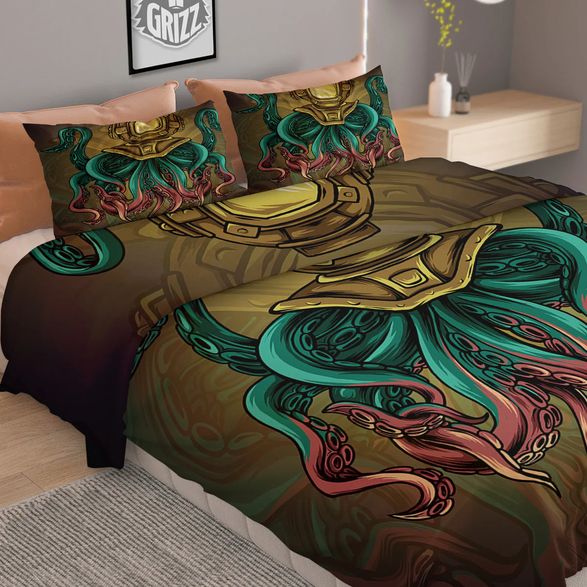 Octopus And Diving Helmet Print Duvet Cover Bedding Set - Image 2