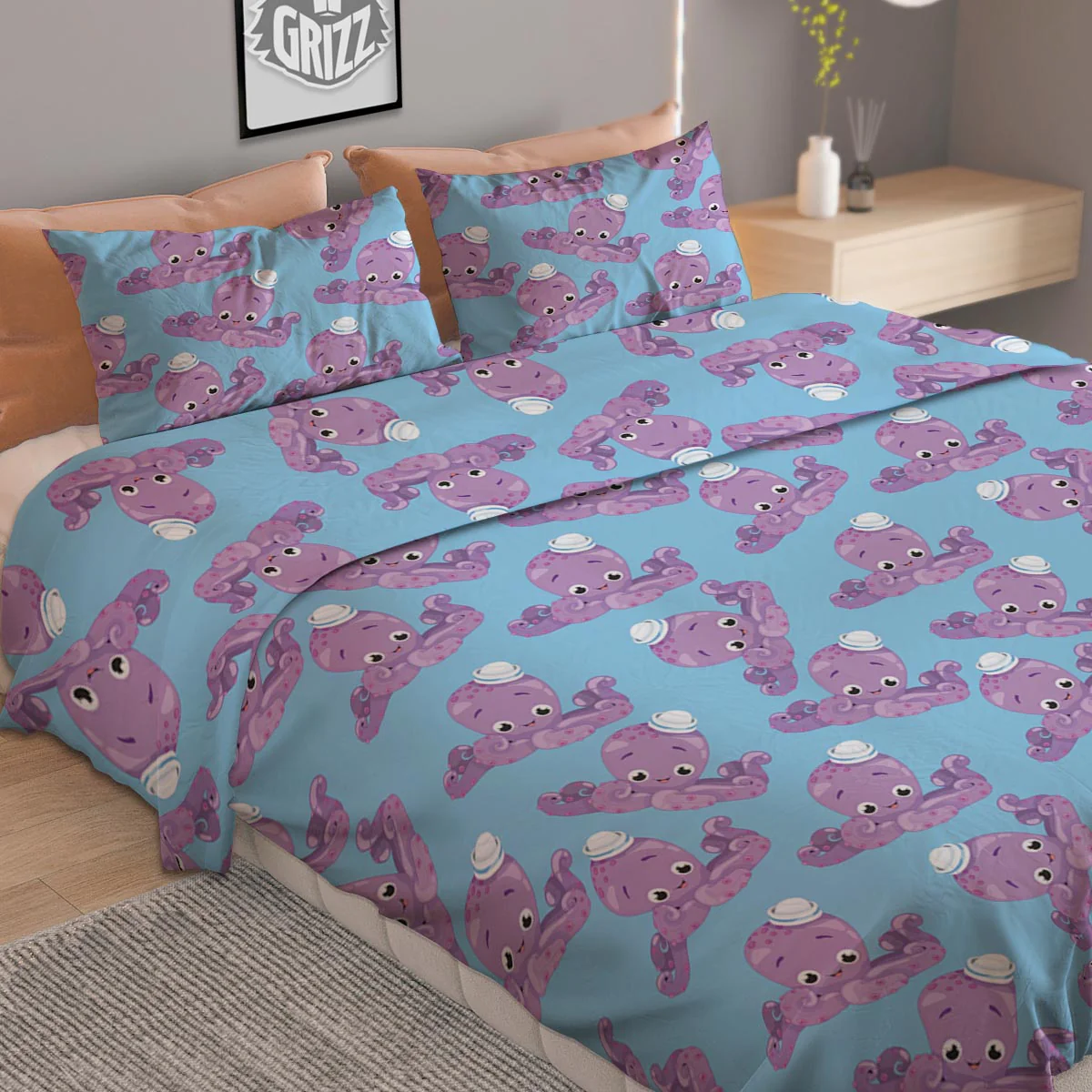 Octopus Teal And Purple Print Pattern Duvet Cover Bedding Set - Image 2
