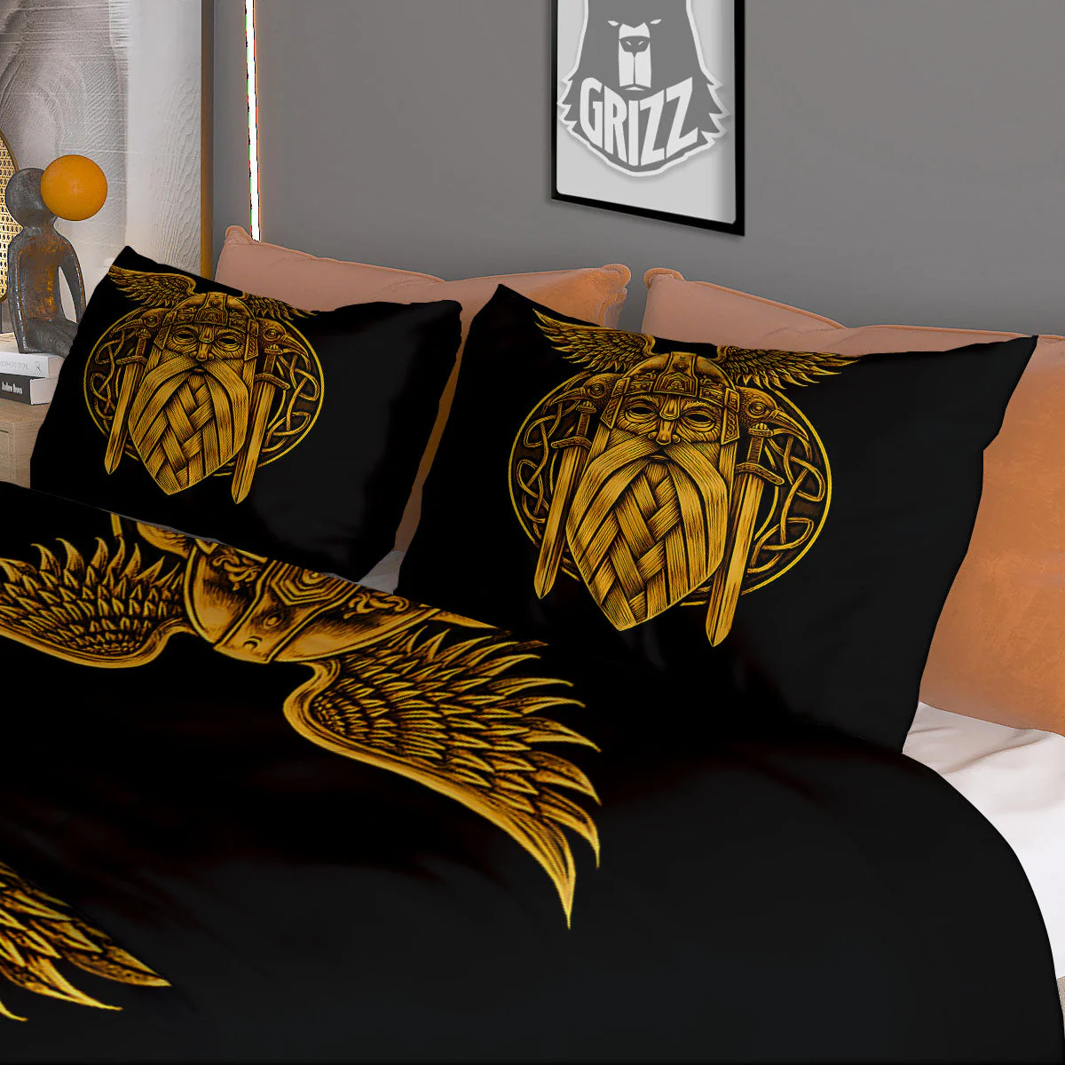 Odin God And Crow Gold Viking Print Duvet Cover Bedding Set - Image 3