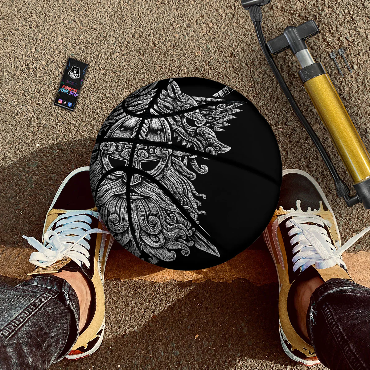 Odin With Wolfs White And Black Print Basketball - Image 2