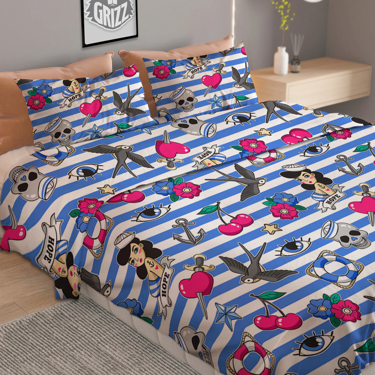 Old School Sailor Striped Print Pattern Duvet Cover Bedding Set - Image 2