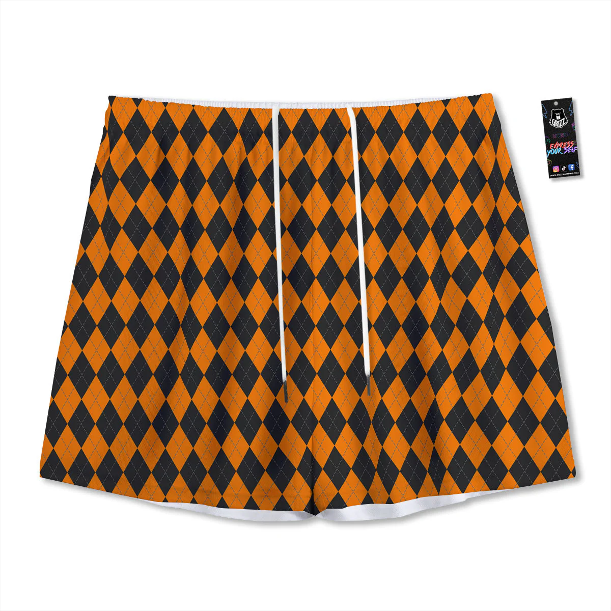 Orange And Black Argyle Print Mesh Shorts