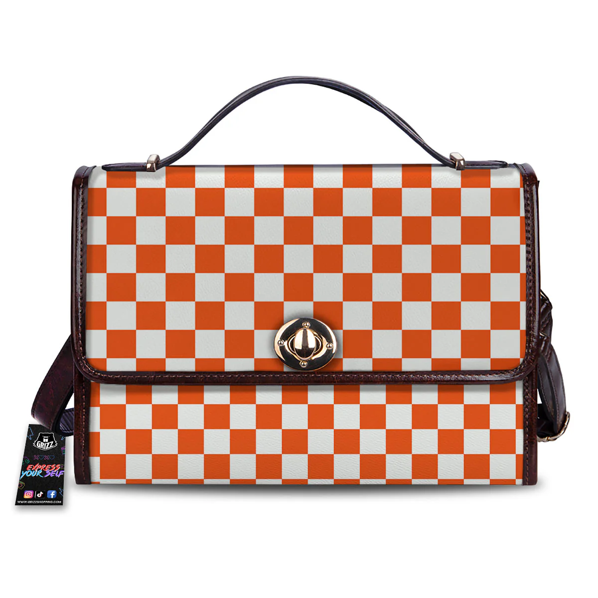 Orange And White Checkered Print Pattern Women's Satchel Bag