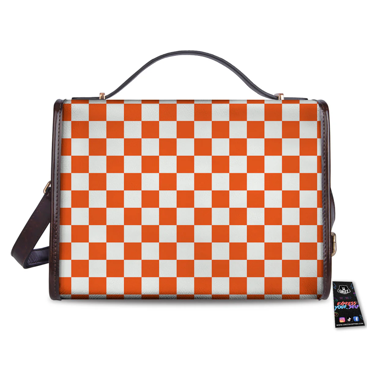 Orange And White Checkered Print Pattern Women's Satchel Bag - Image 2