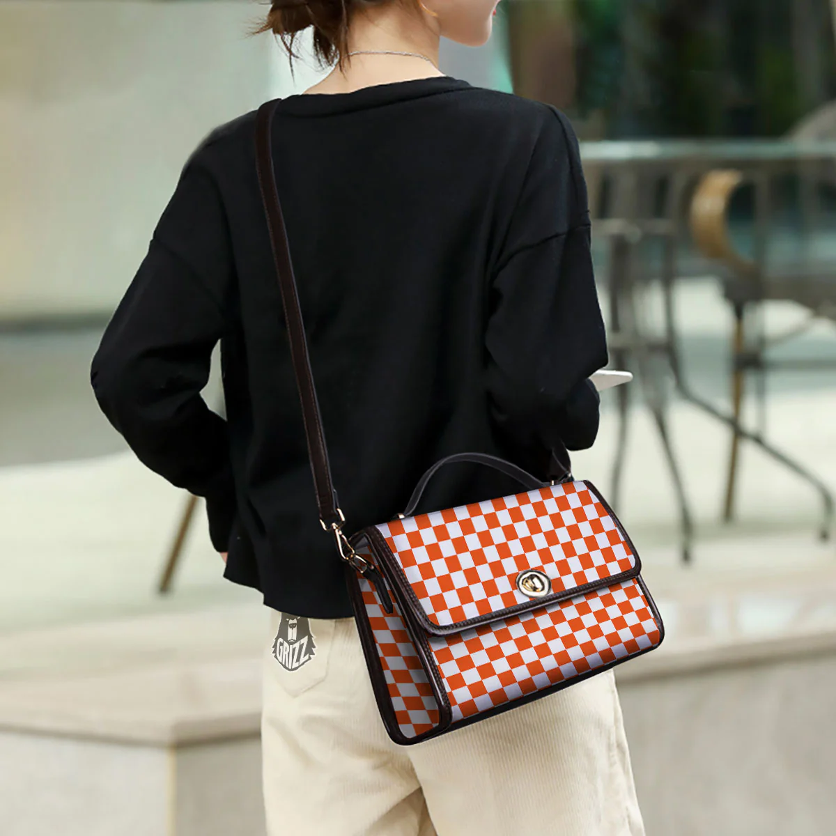 Orange And White Checkered Print Pattern Women's Satchel Bag - Image 3