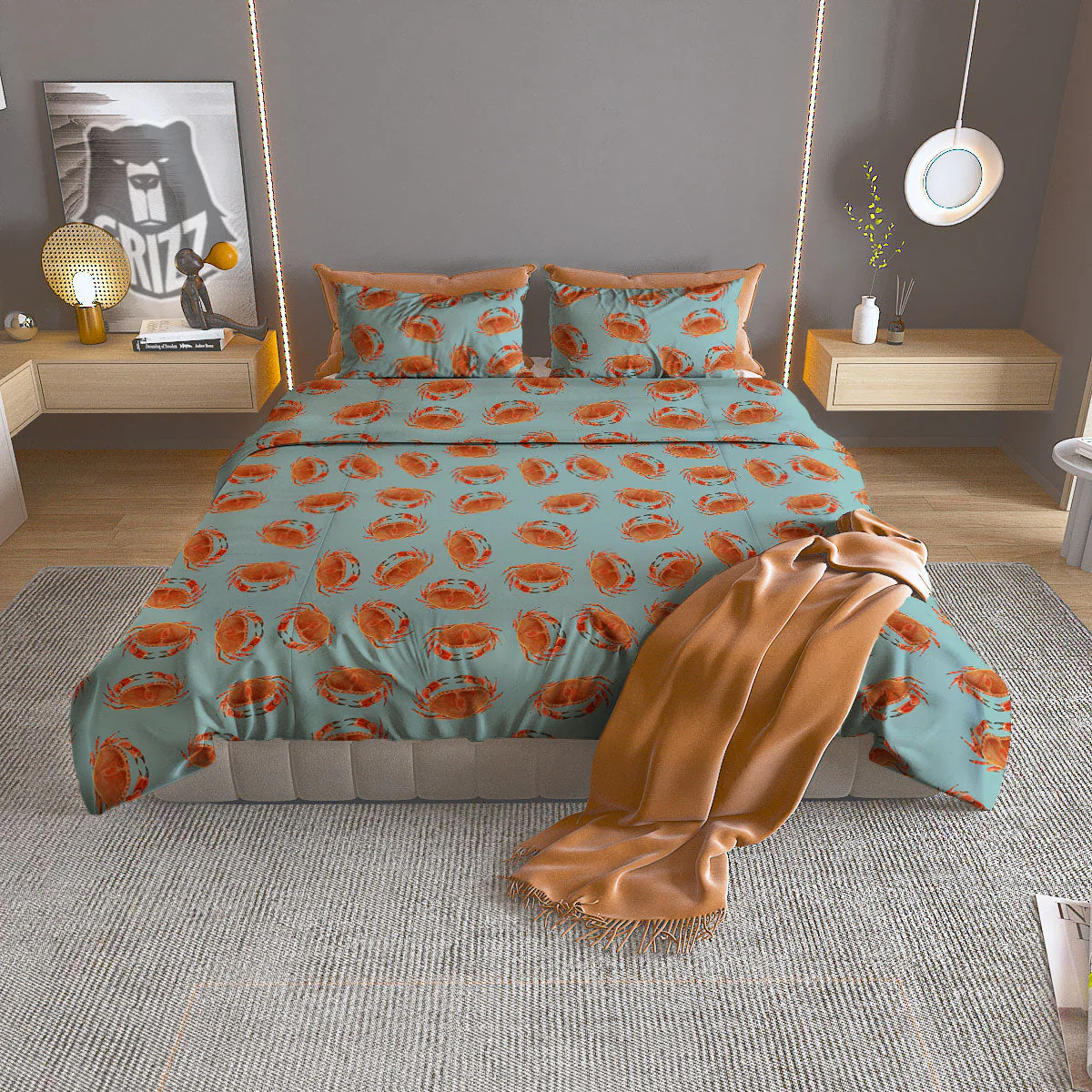 Orange Crab Print Pattern Duvet Cover Bedding Set