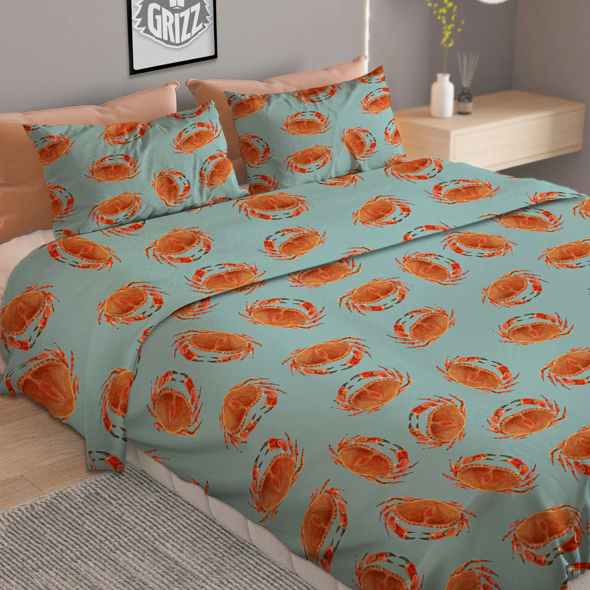 Orange Crab Print Pattern Duvet Cover Bedding Set - Image 2