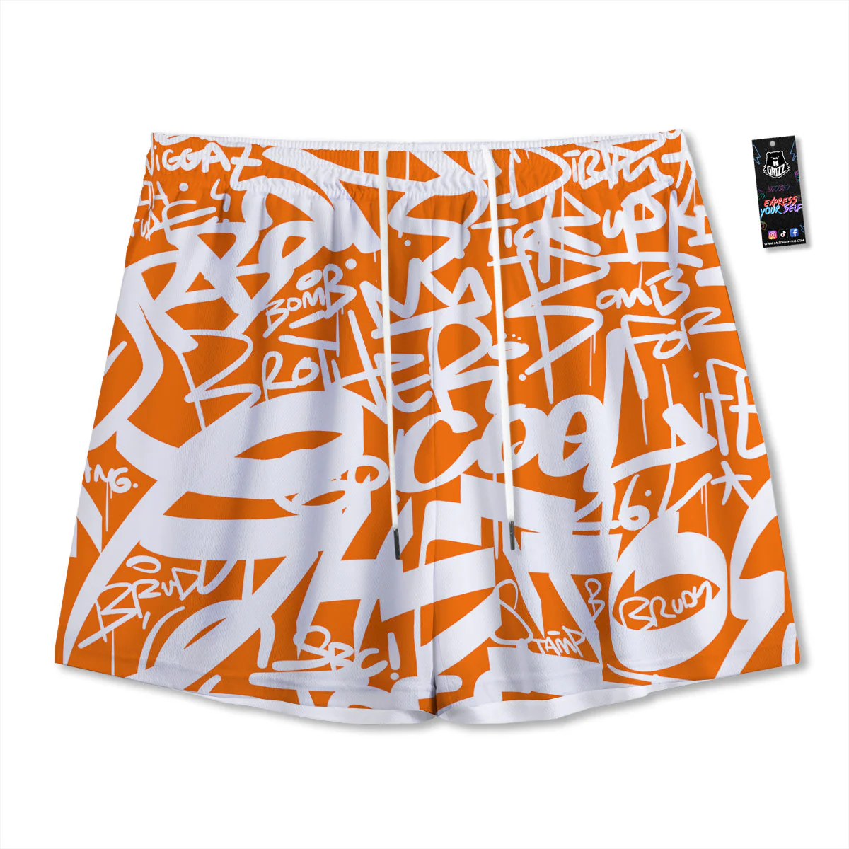 Orange Urban Graffiti Text Print Pattern Mesh Shorts
