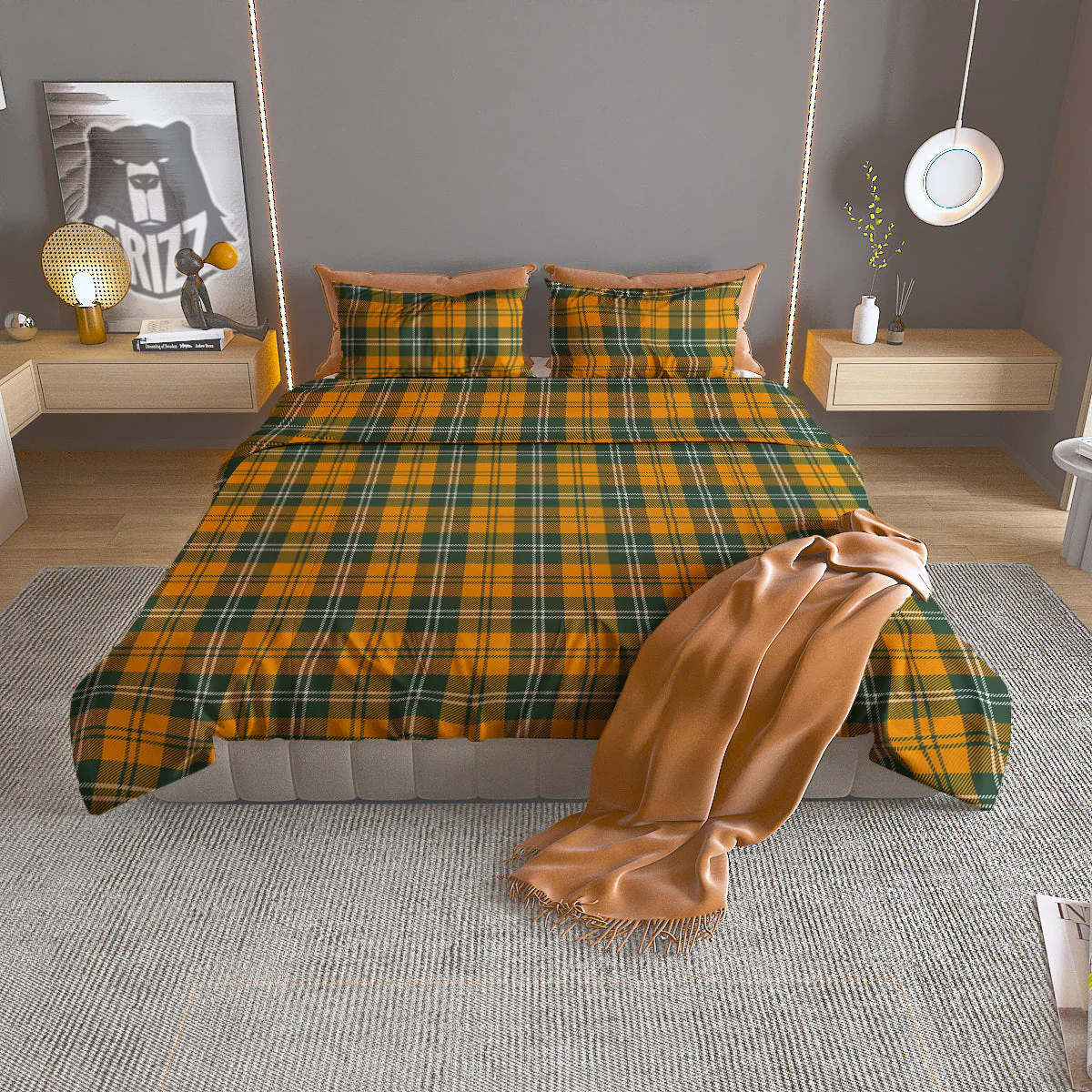Orange White And Green Plaid Print Pattern Duvet Cover Bedding Set