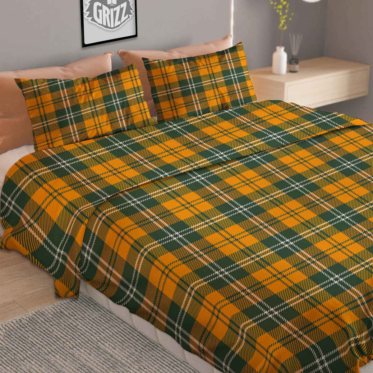 Orange White And Green Plaid Print Pattern Duvet Cover Bedding Set - Image 2