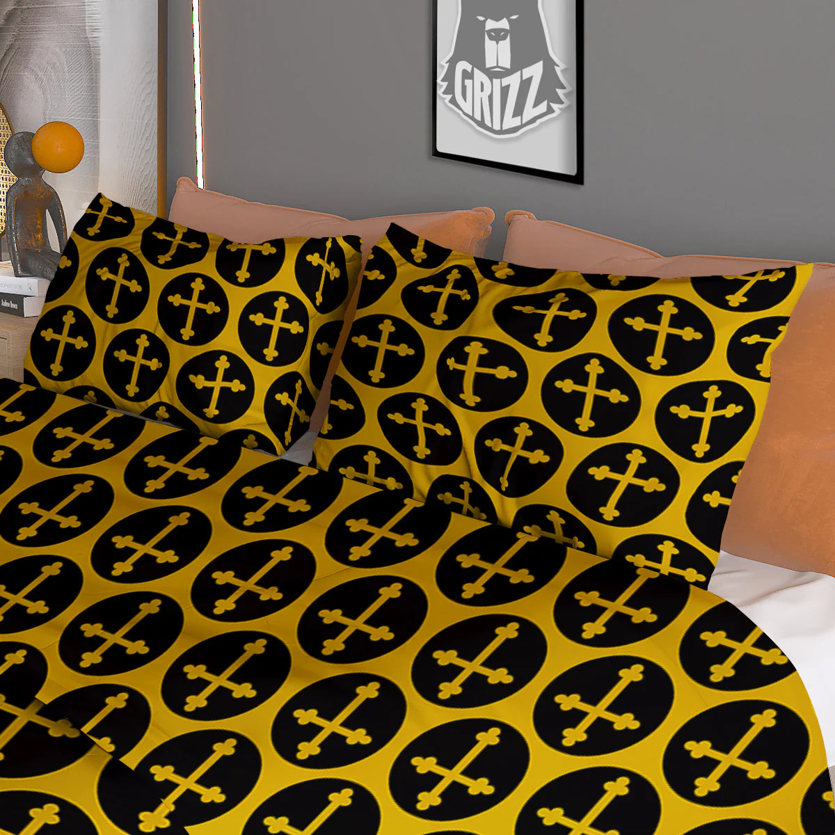 Orthodox Gold And Black Print Pattern Duvet Cover Bedding Set - Image 3