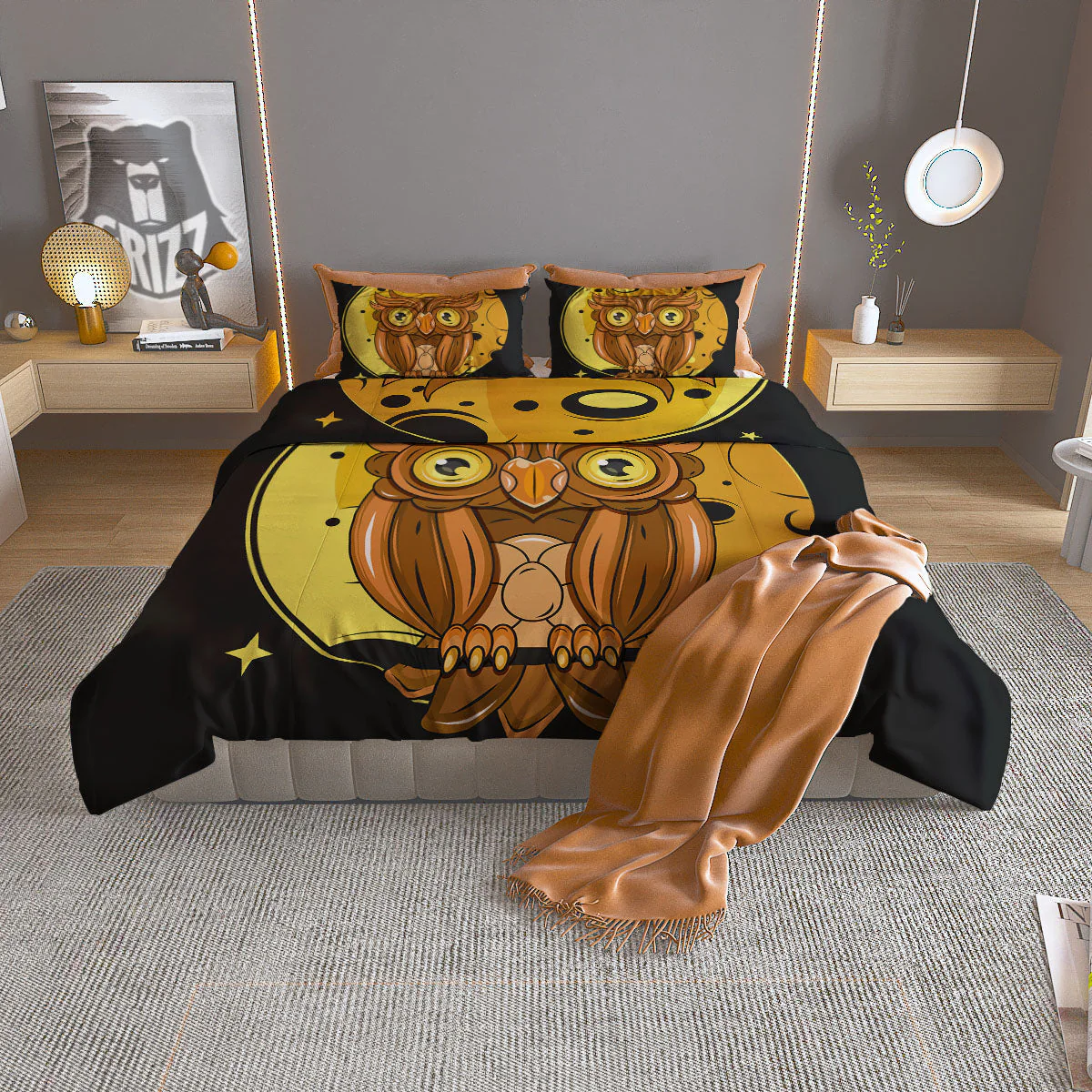 Owl At Night Print Duvet Cover Bedding Set