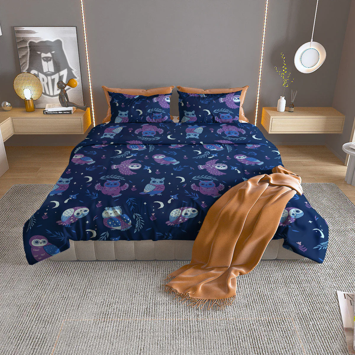 Owl Night Print Pattern Duvet Cover Bedding Set