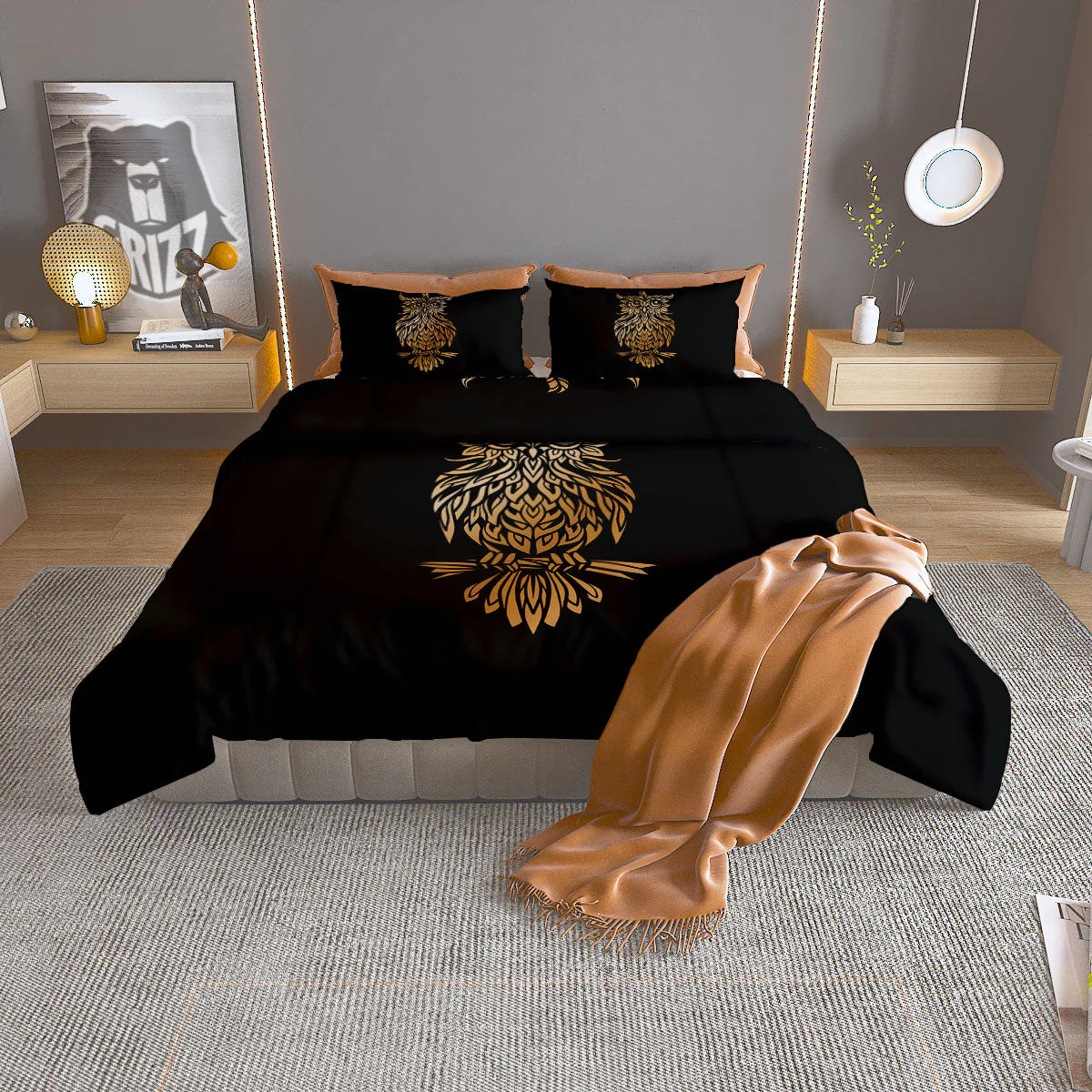 Owl Spiritual Golden Print Duvet Cover Bedding Set