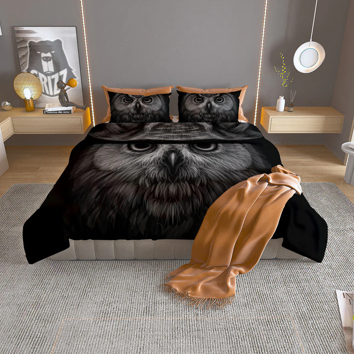 Owl White And Black Print Duvet Cover Bedding Set