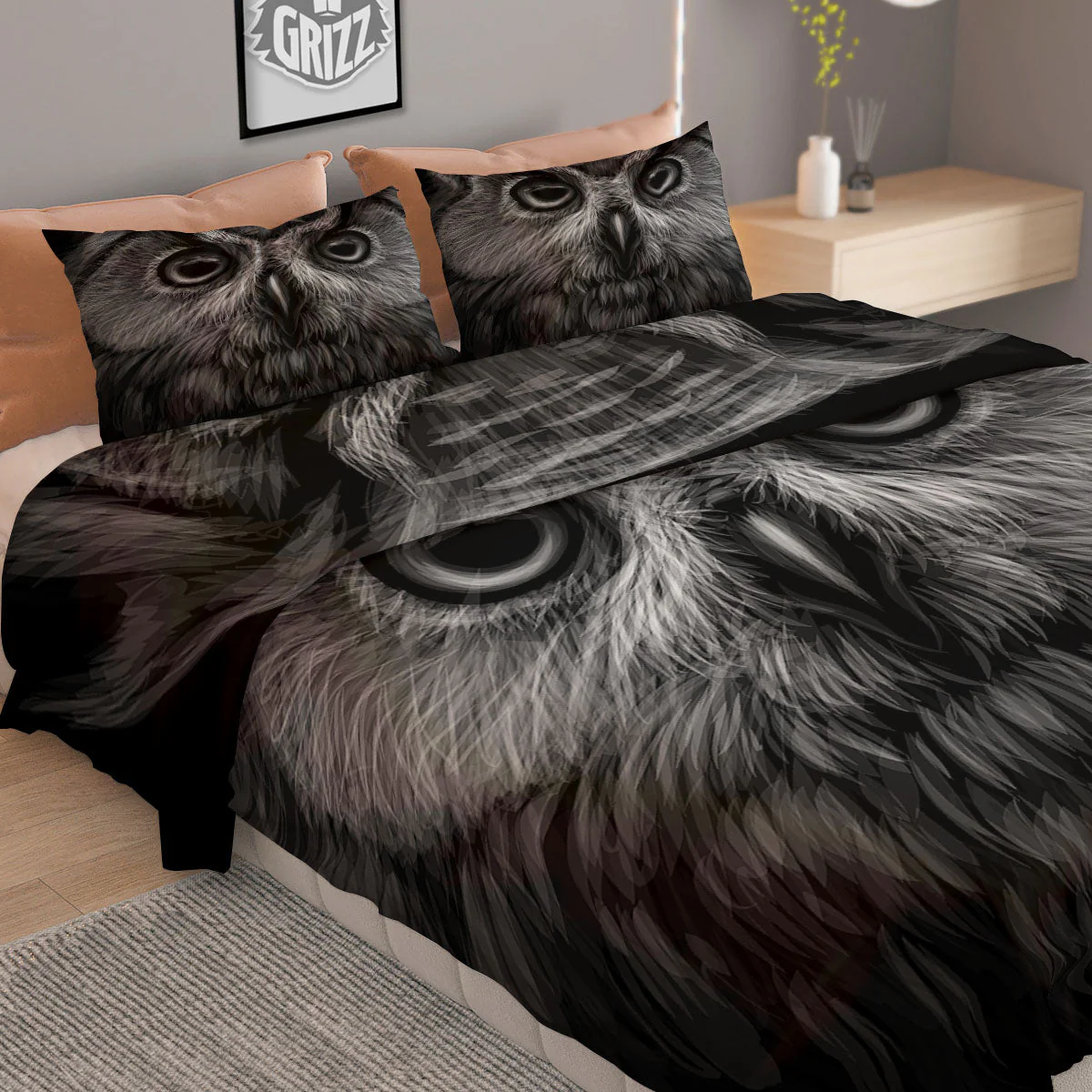 Owl White And Black Print Duvet Cover Bedding Set - Image 2