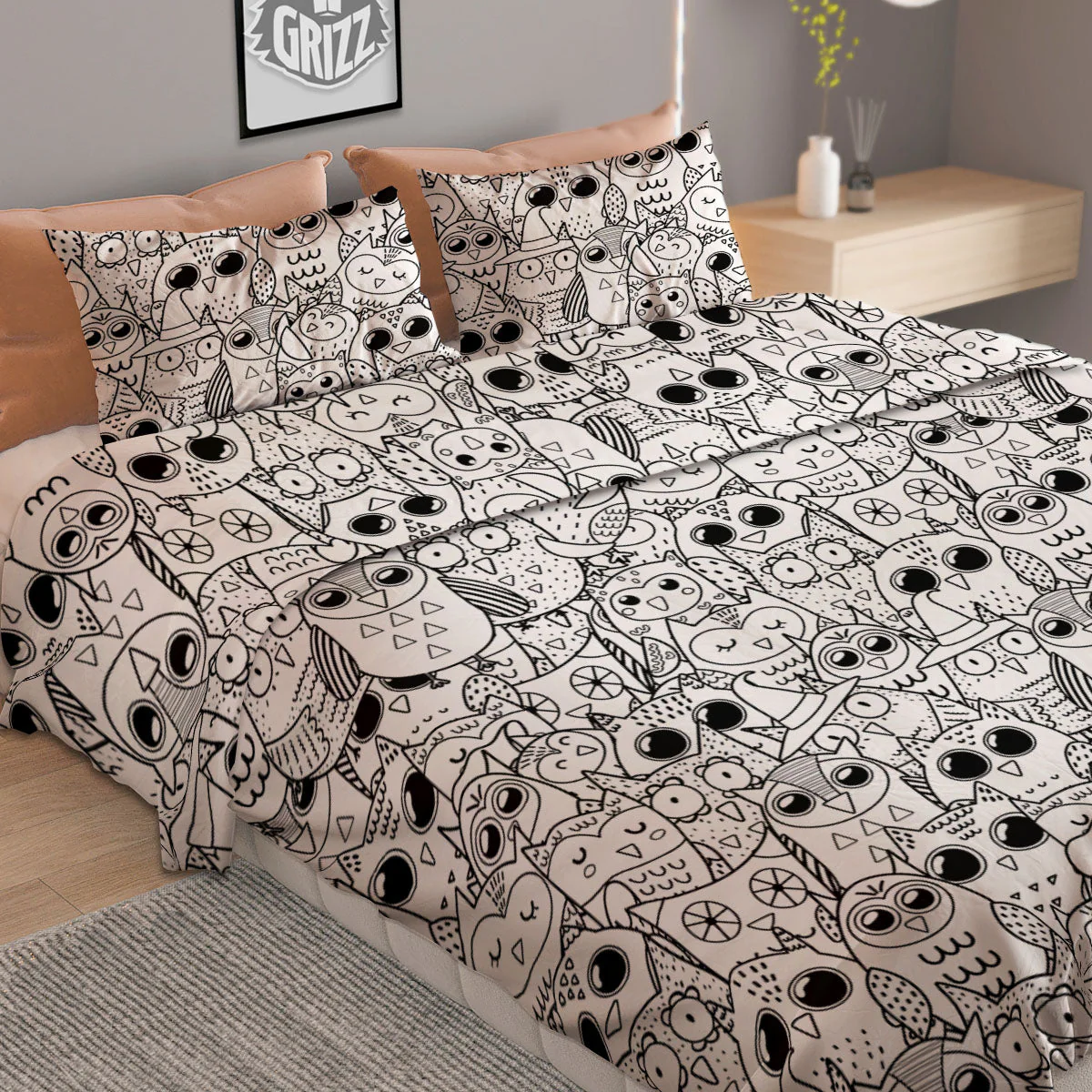 Owl White And Black Print Pattern Duvet Cover Bedding Set - Image 2