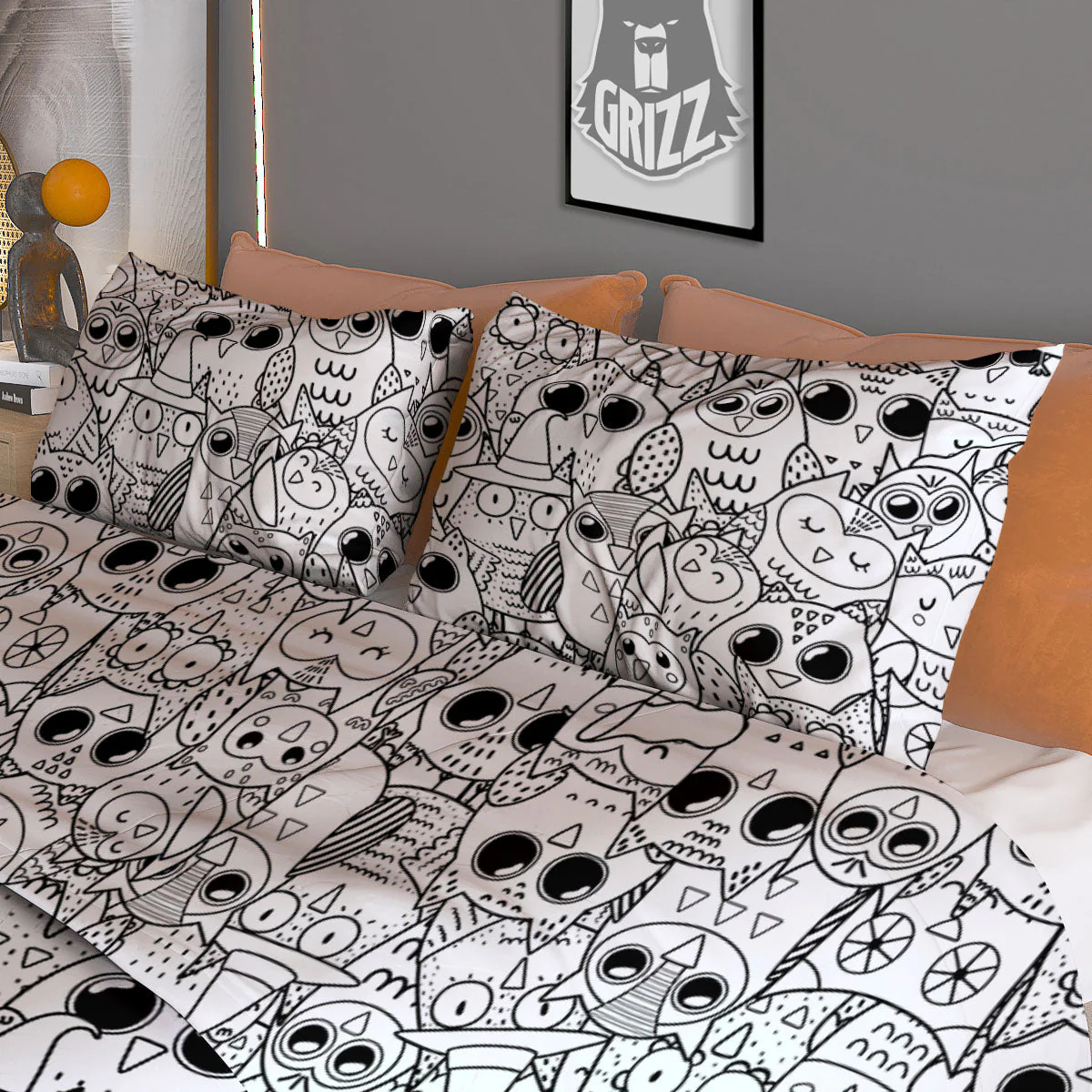 Owl White And Black Print Pattern Duvet Cover Bedding Set - Image 3