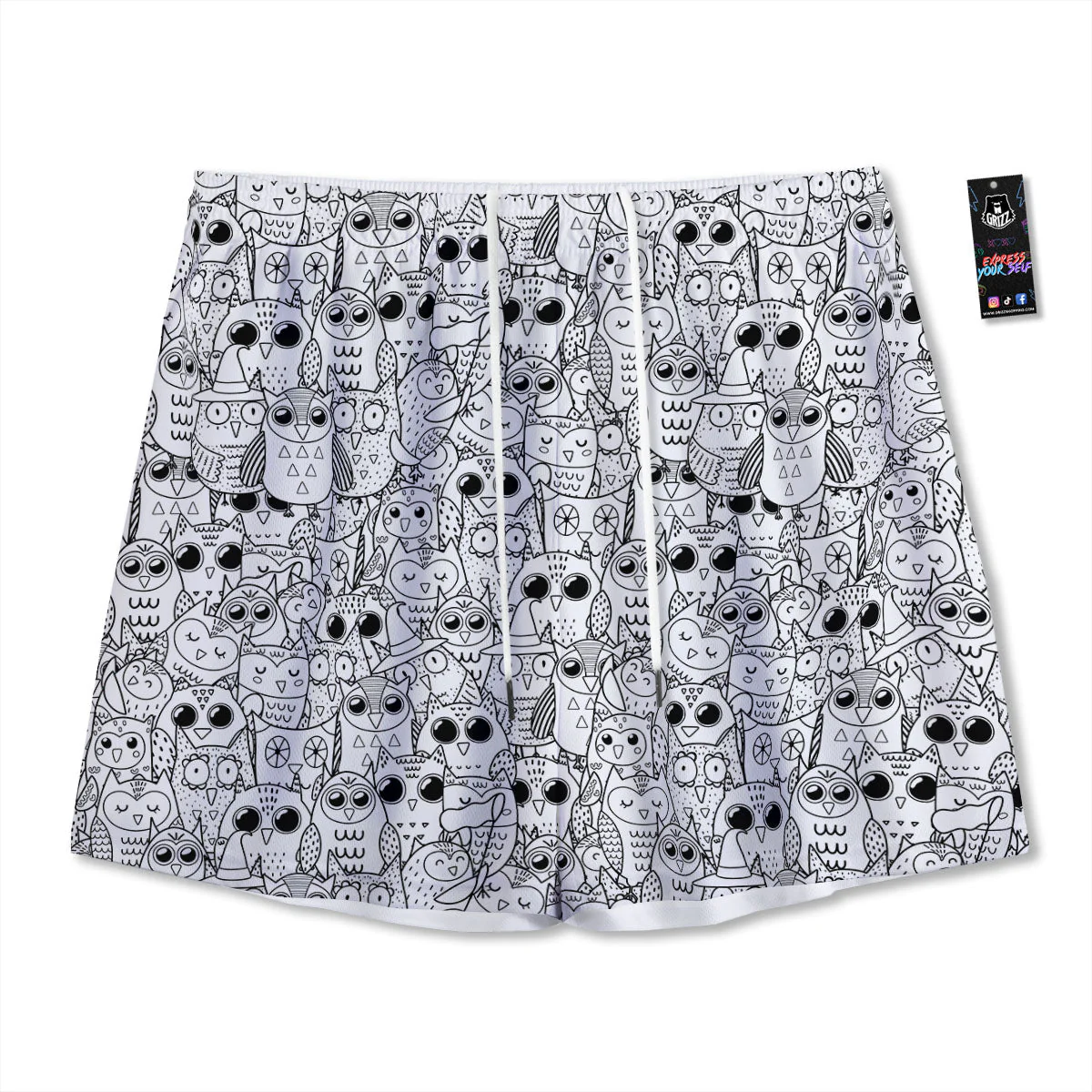 Owl White And Black Print Pattern Mesh Shorts
