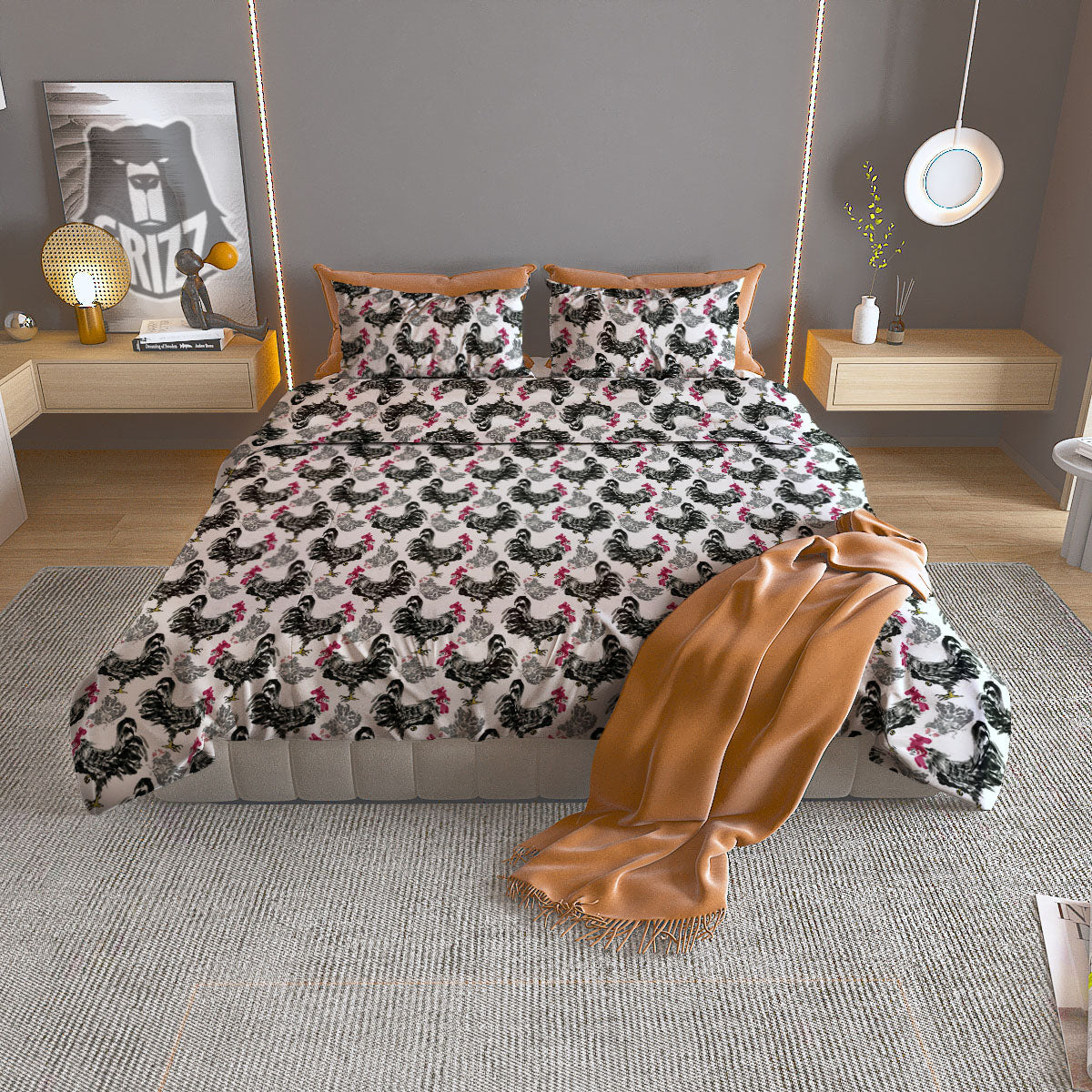 Painting Chicken Ink Print Pattern Duvet Cover Bedding Set