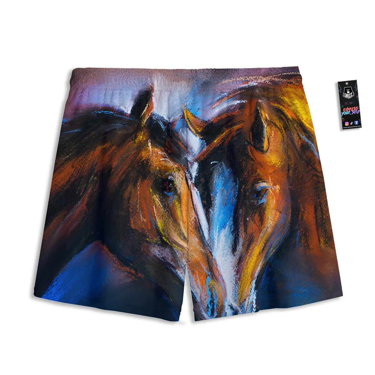 Painting Couple Horses Print Mesh Shorts - Image 2