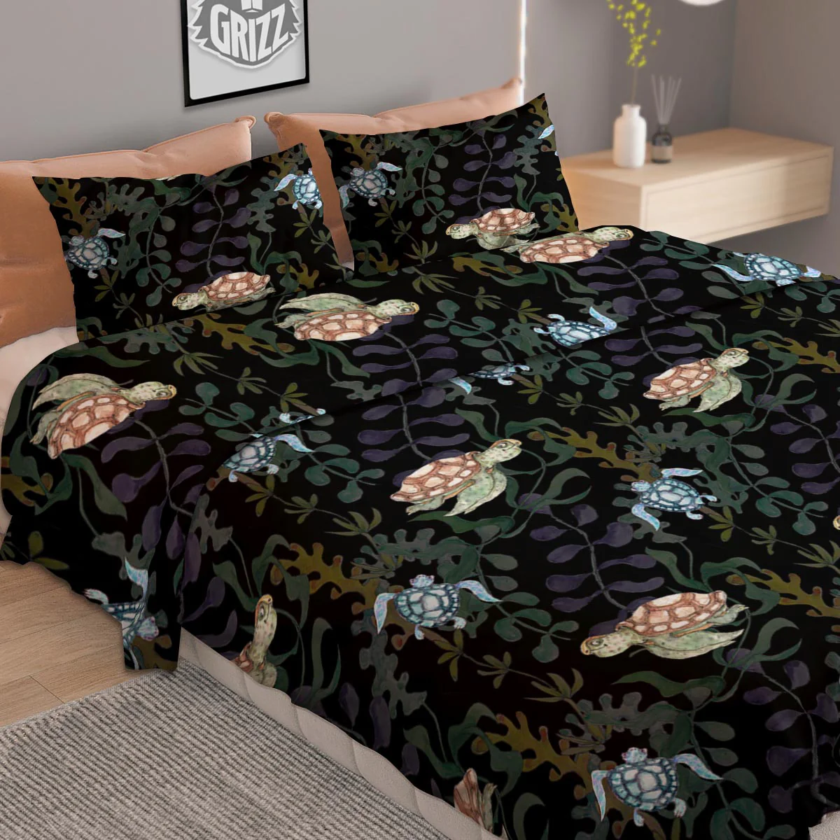 Painting Sea Turtle Print Pattern Duvet Cover Bedding Set - Image 2