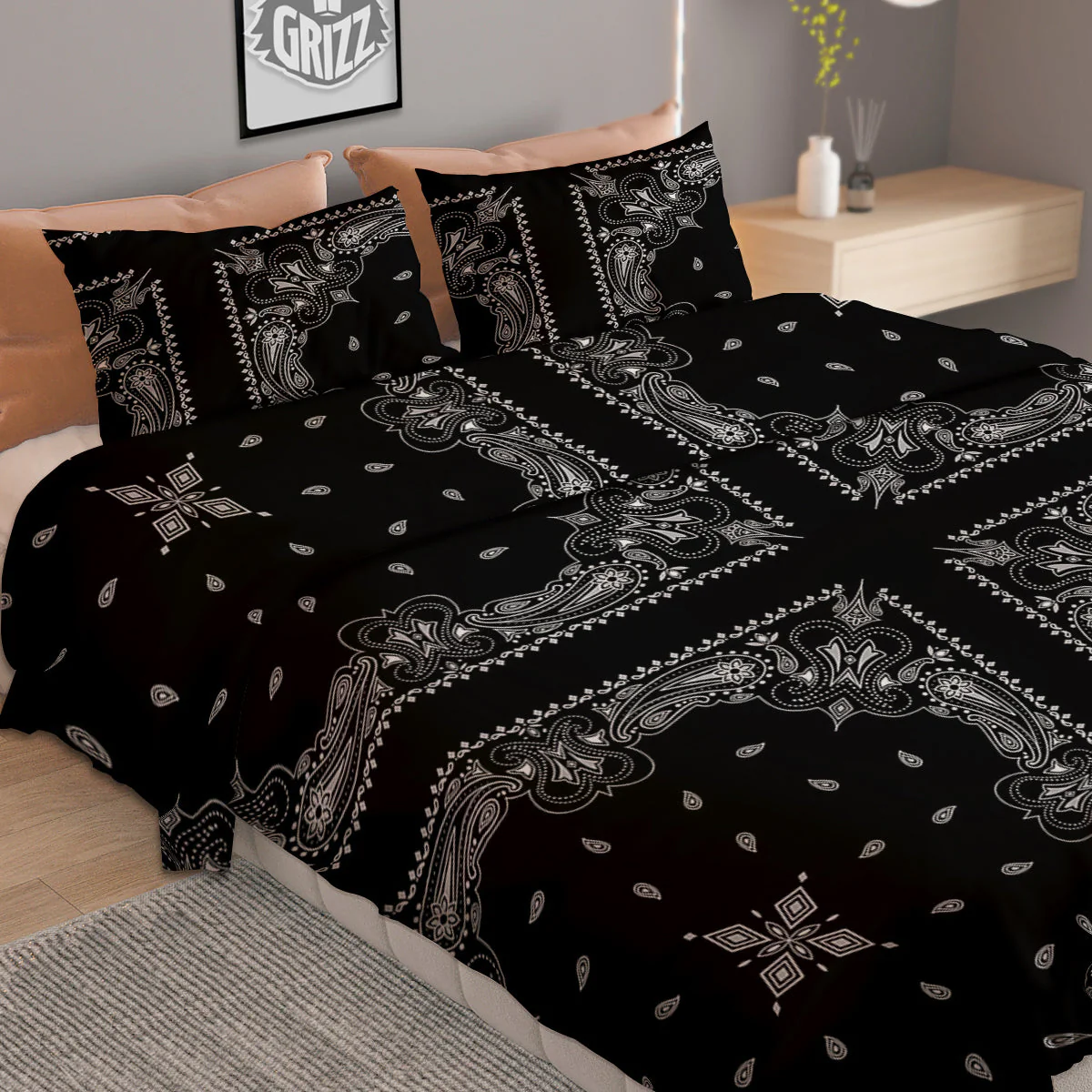 Paisley Bandana Black And White Print Pattern Duvet Cover Bedding Set - Image 2
