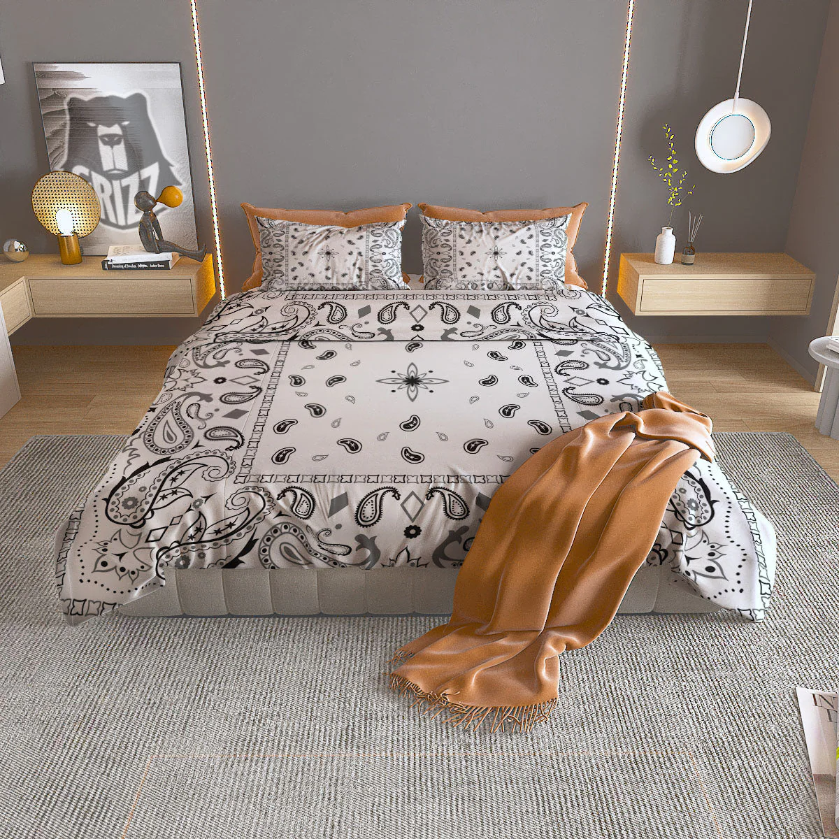 Paisley Bandana White And Black Print Duvet Cover Bedding Set