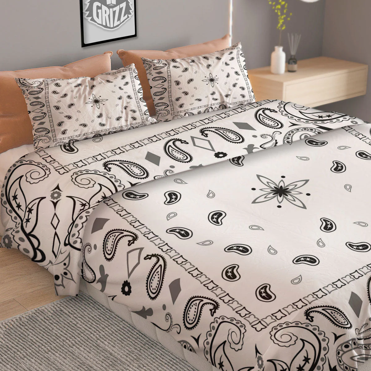 Paisley Bandana White And Black Print Duvet Cover Bedding Set - Image 2