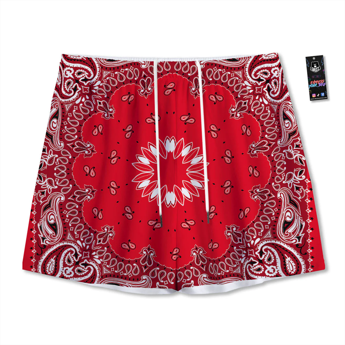 Paisley Bandana White And Red Print Mesh Shorts