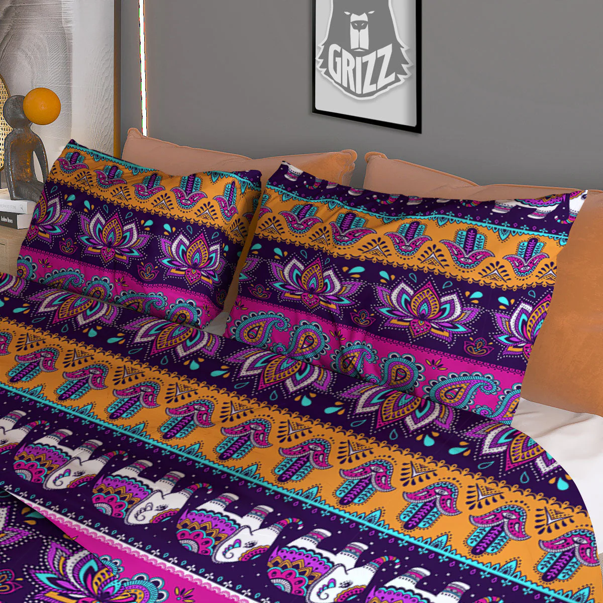 Paisley Elephant Hamsa Print Pattern Duvet Cover Bedding Set - Image 3
