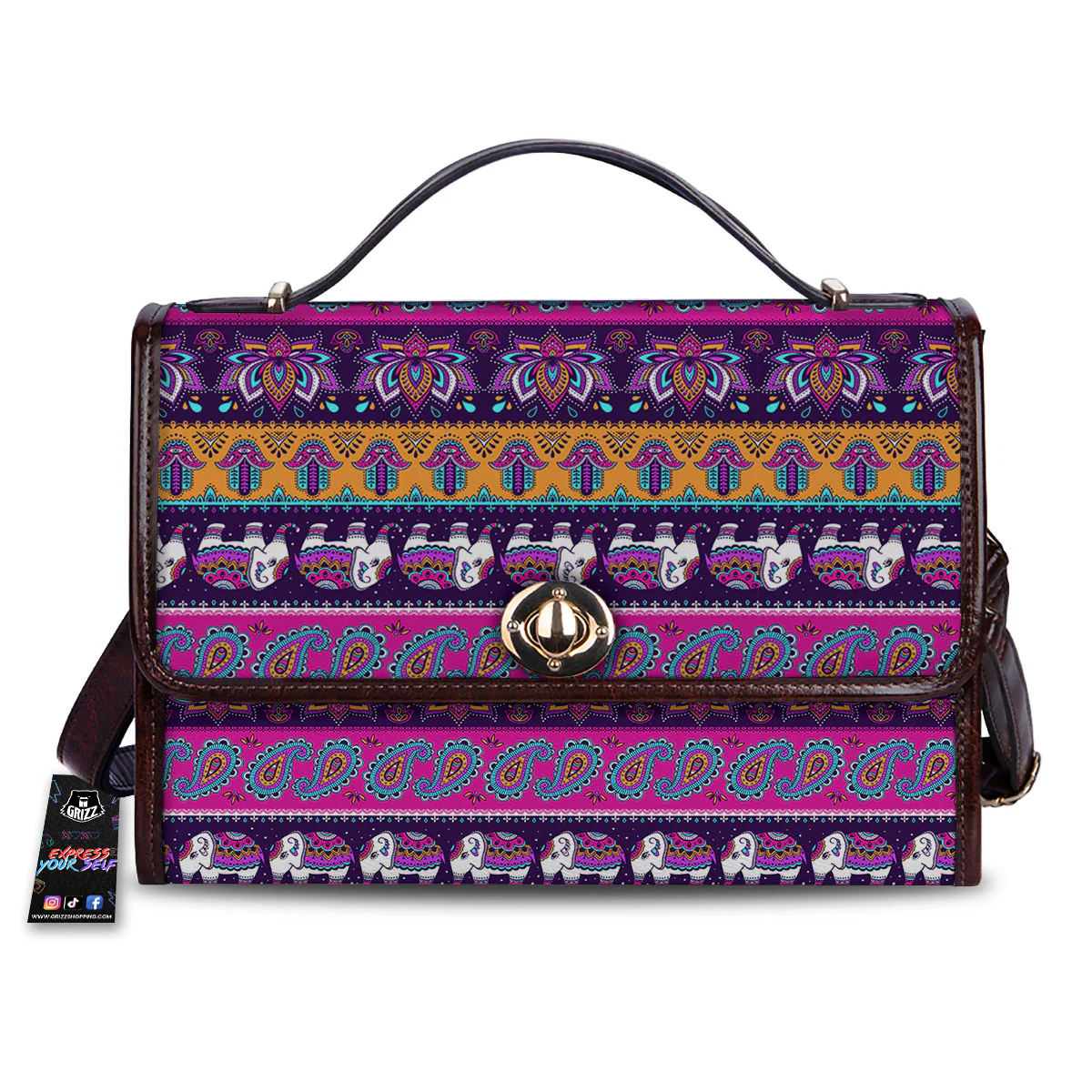 Paisley Elephant Hamsa Print Pattern Women's Satchel Bag