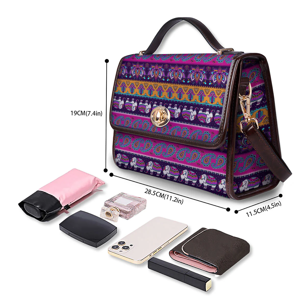 Paisley Elephant Hamsa Print Pattern Women's Satchel Bag - Image 4
