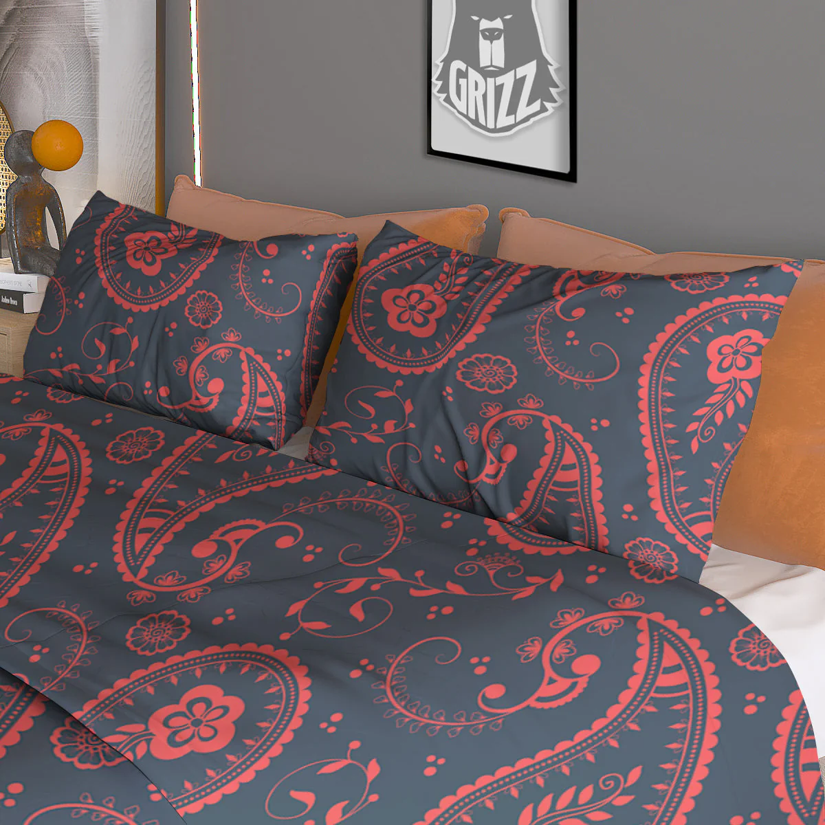 Paisley Red And Grey Print Pattern Duvet Cover Bedding Set - Image 3