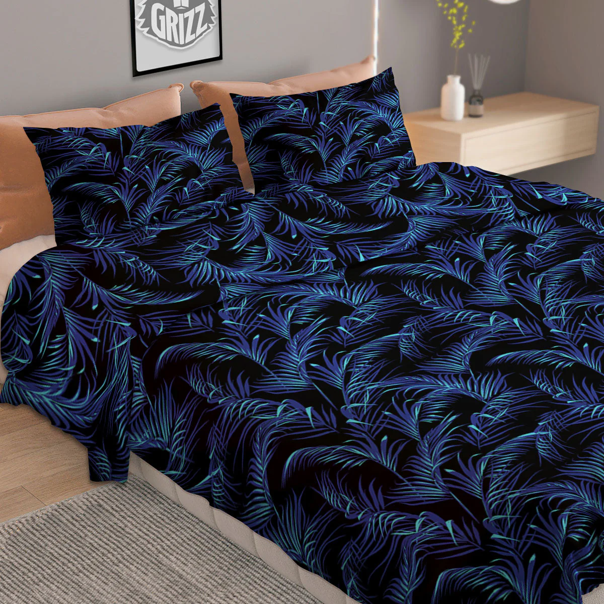 Palm Leaf Dark Tropical Print Pattern Duvet Cover Bedding Set - Image 2