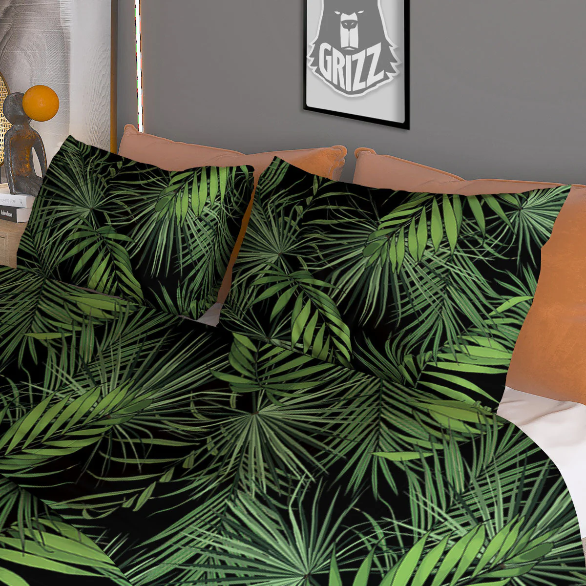 Palm Leaf Night Tropical Print Pattern Duvet Cover Bedding Set - Image 3