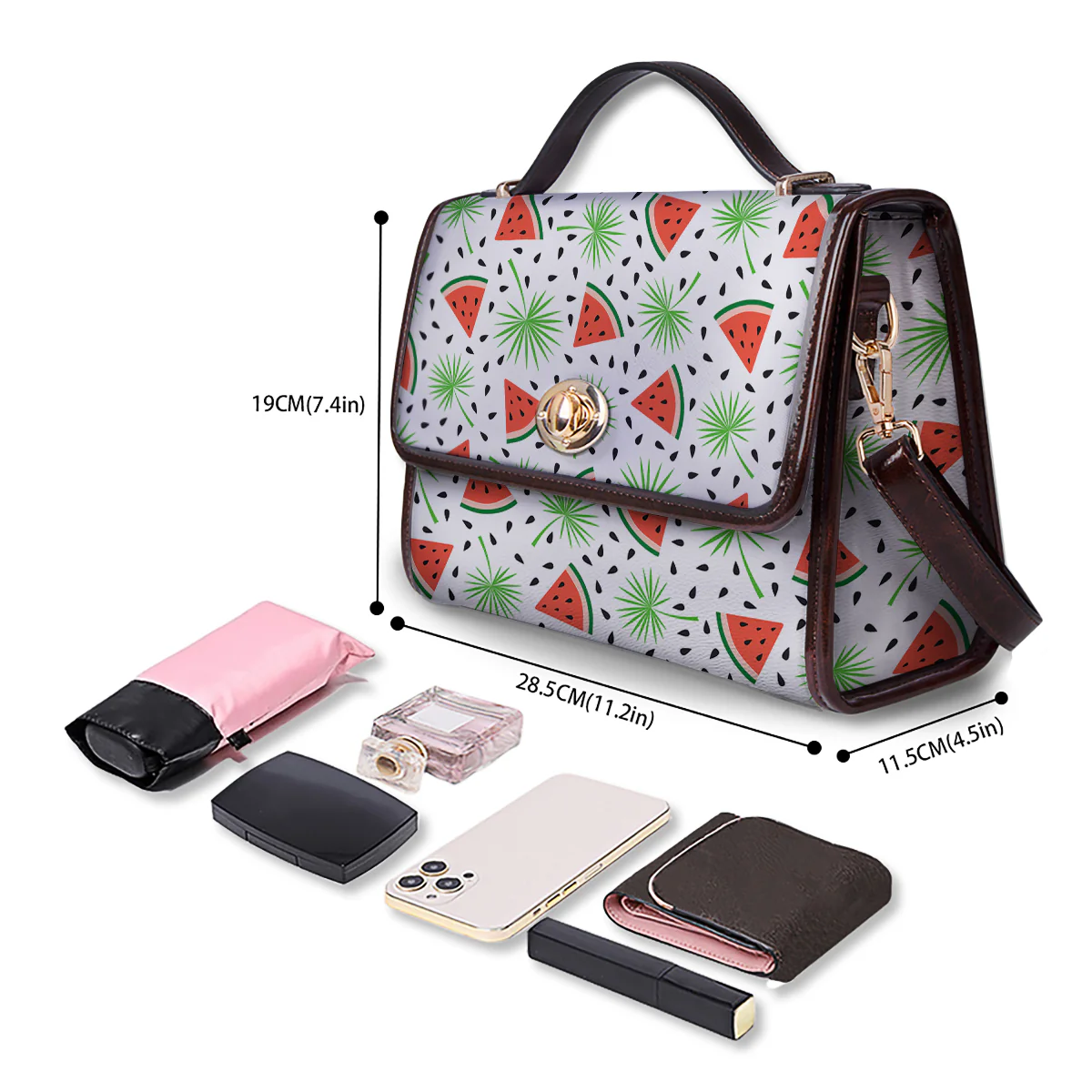 Palm Leaf Watermelon White Print Pattern Women's Satchel Bag - Image 4