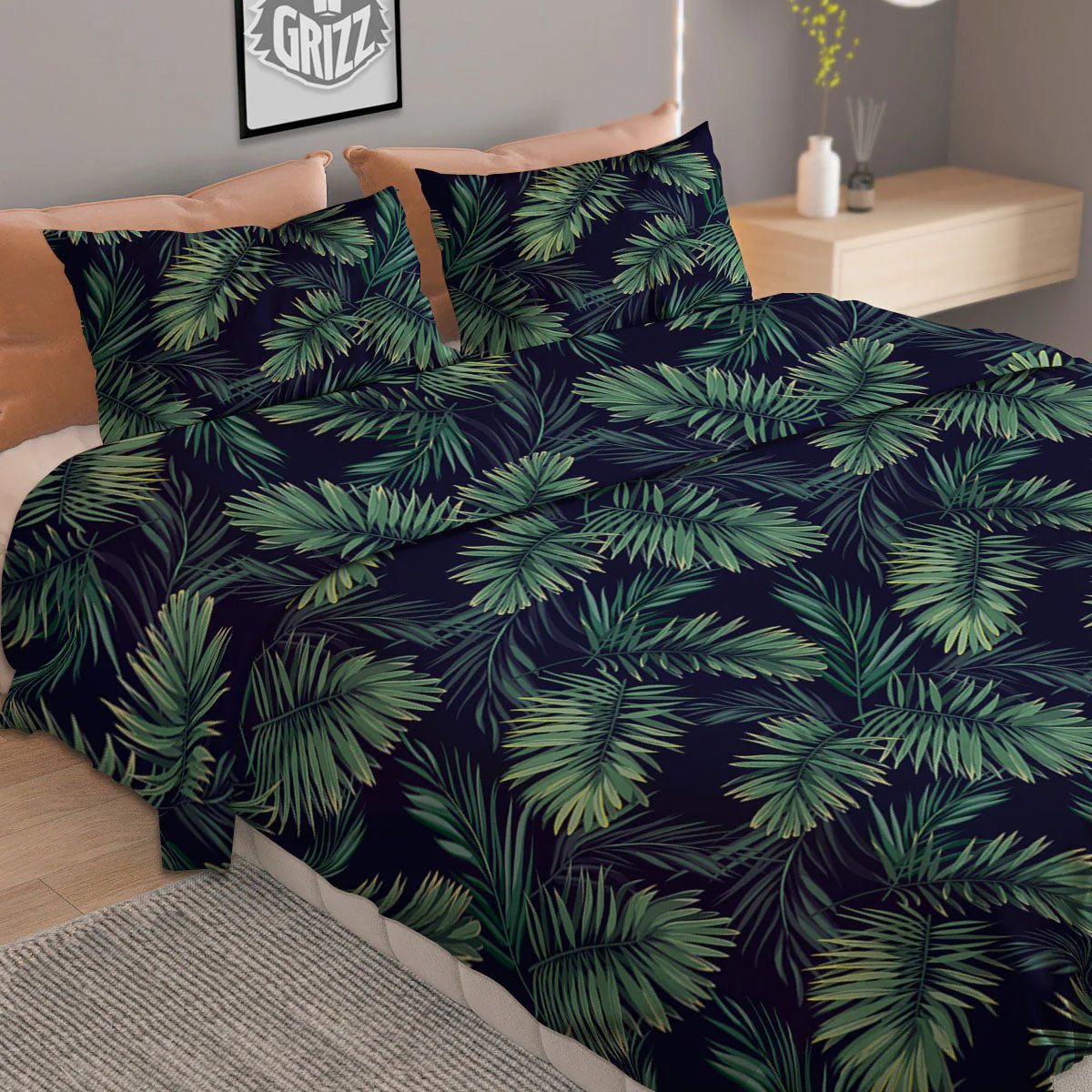 Palm Leaves Dark Tropical Print Pattern Duvet Cover Bedding Set - Image 2