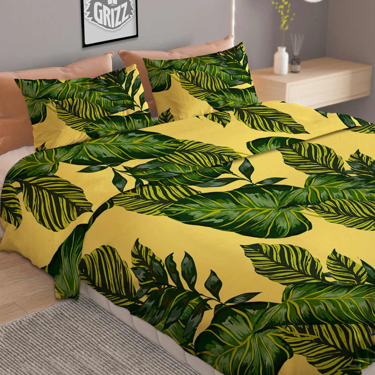 Palm Leaves Yellow Hawaiian Print Pattern Duvet Cover Bedding Set - Image 2