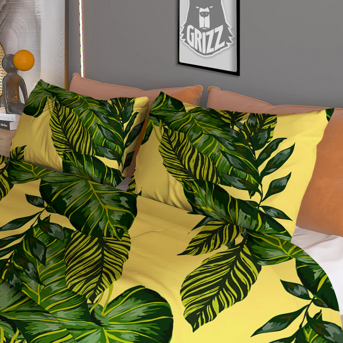 Palm Leaves Yellow Hawaiian Print Pattern Duvet Cover Bedding Set - Image 3
