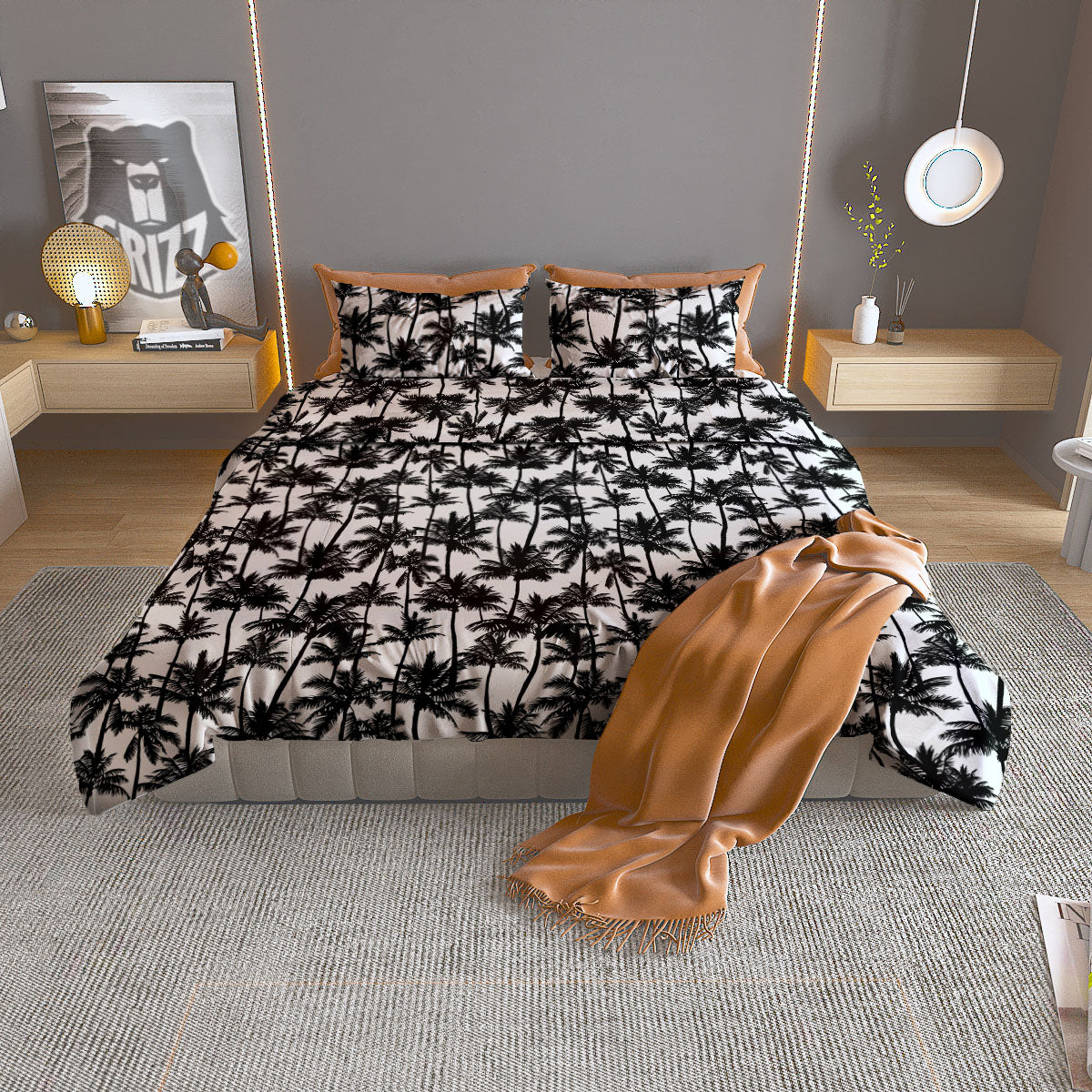 Palm Tree Black White Print Pattern Duvet Cover Bedding Set