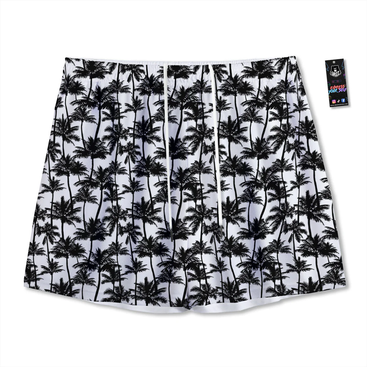 Palm Tree Black White Print Pattern Mesh Shorts